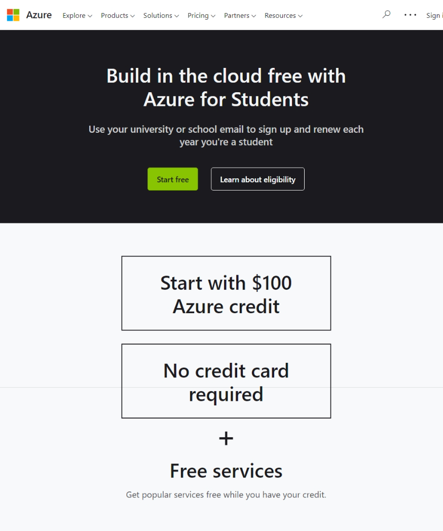 Azure for Students -ohjelman sivuston