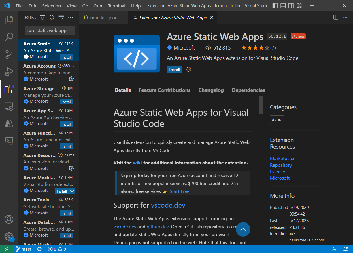 Visual Studio Coden lisäosanäkymä