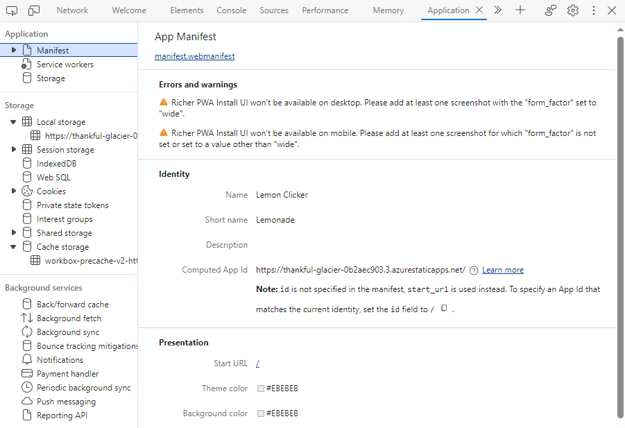 Application-välilehden Manifest-sivu