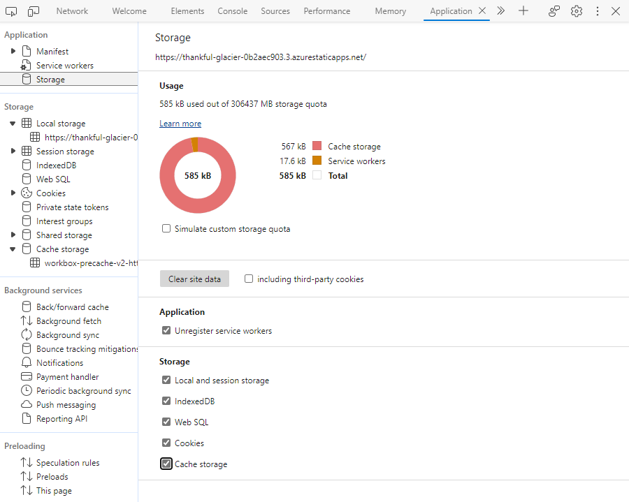 Application-välilehden Storage-sivu