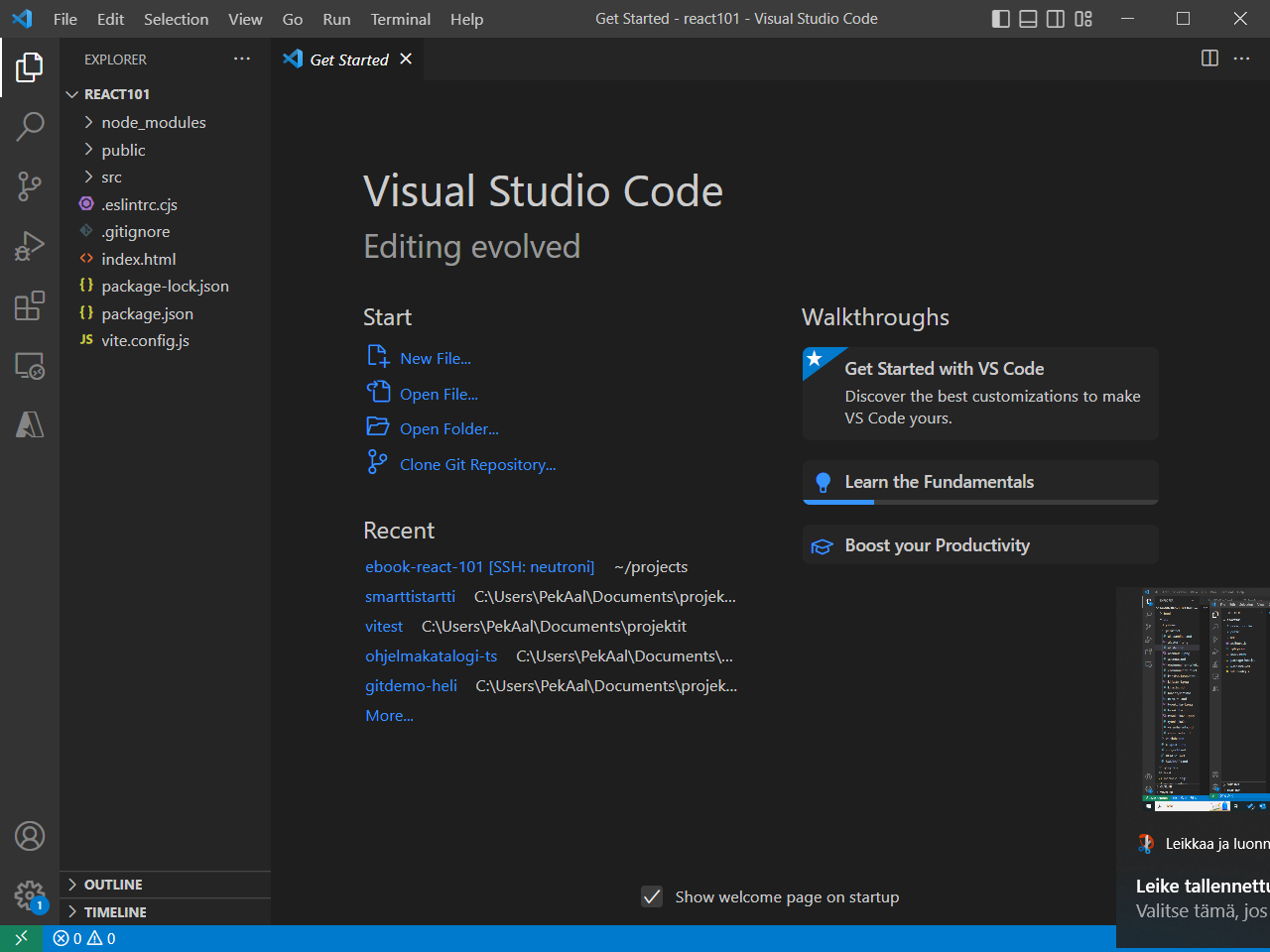 Projekti avattuna Visual Studio Codessa