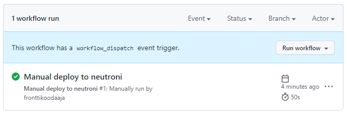 GitHub Actions -työkulun suoritus onnistunut