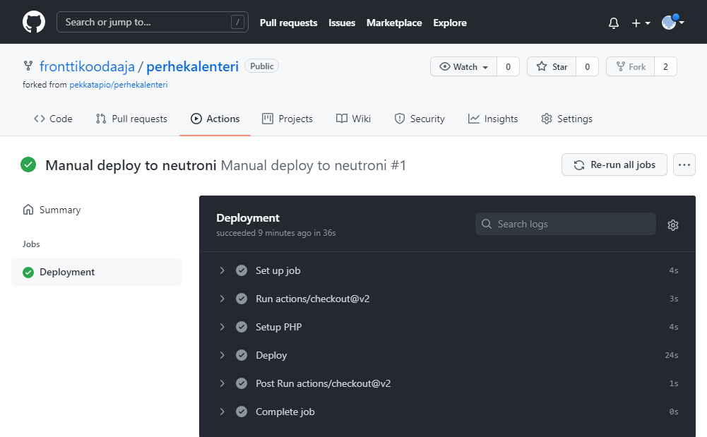 GitHub Actions -työkulun suorituksen osatyön vaiheet