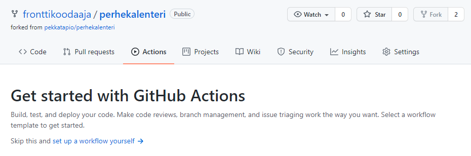 GitHub Actions -näkymä