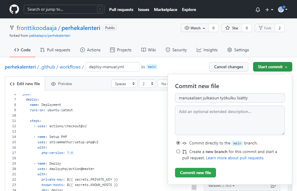 Uuden GitHub Actions -työkulun lisääminen