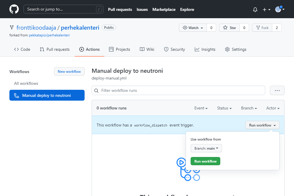 GitHub Actions -työkulun suoritus manuaalisesti