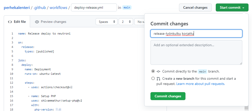 deploy-release -työnkulun korjaaminen