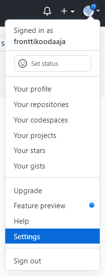 Profiilivalikon Settings-valinta